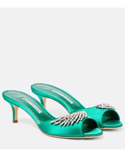 Manolo Blahnik Lumada 50 Embellished Satin Mules - Green