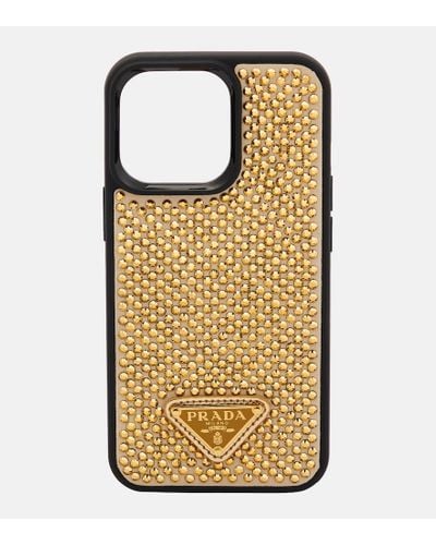Prada Huelle fuer iPhone 13 Pro aus Leder mit Kristallen - Mettallic