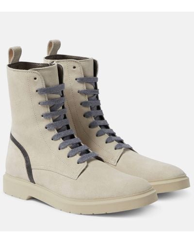 Brunello Cucinelli Embellished Suede Combat Boots - Natural