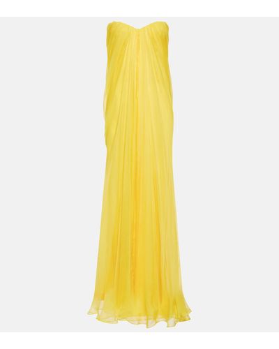 Alexander McQueen Sweetheart-neck Draped Silk Maxi Dress - Yellow