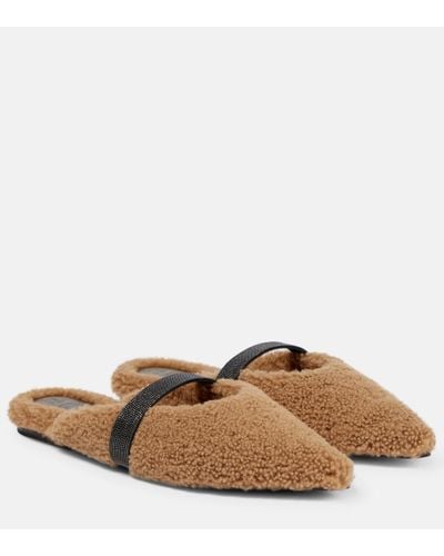 Brunello Cucinelli Embellished Shearling Slippers - Brown