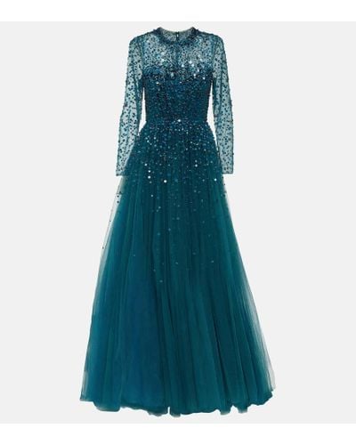 Jenny Packham Constantine Embellished Sequined Tulle Gown - Blue