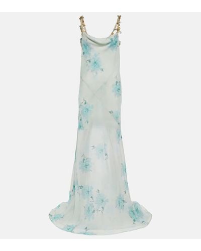 Dries Van Noten Floral Embellished Silk Chiffon Gown - Blue