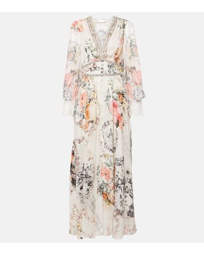 Camilla Robe longue en lin et soie a fleurs - Neutre