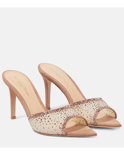 Gianvito Rossi Rania Embellished Mesh And Suede Mules - Natural