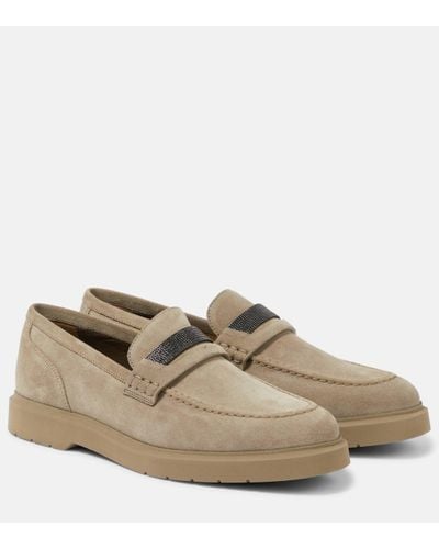 Brunello Cucinelli Embellished Suede Penny Loafers - Natural