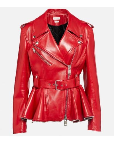 Alexander McQueen Peplum-hem Notched-collar Leather Jacket - Red
