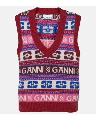 Ganni Jacquard Wool Vest With Logo Pattern - Multicolour