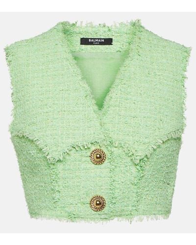Balmain Tweed Crop Top - Green
