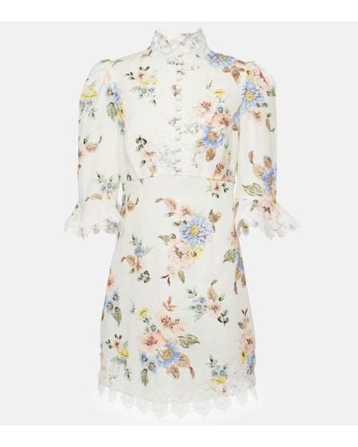 Zimmermann Vestido corto de lino floral con encaje - Blanco