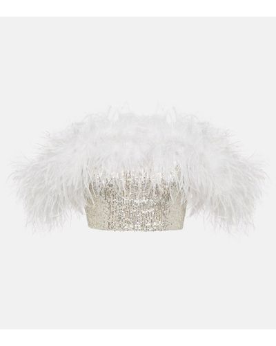 Self-Portrait Sequined Feather-trimmed Crop Top - White