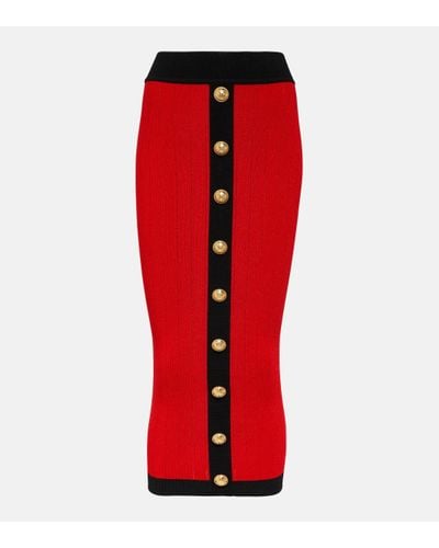 Balmain Ribbed-knit Midi Skirt - Red