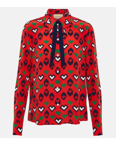 Gucci Printed Tie-neck Silk Blouse - Red