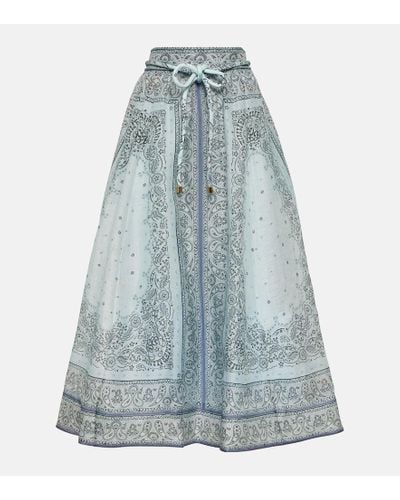Zimmermann Matchmaker Printed Linen And Silk Midi Skirt - Blue