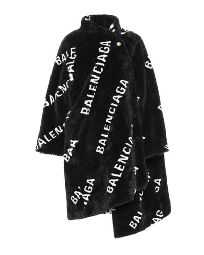 Balenciaga Logo Faux Fur Coat - Black