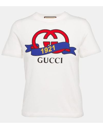 Gucci T-shirt In Cotone Con Stampa Incrocio GG 1921 - Bianco