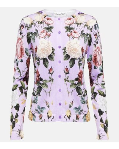 Oscar de la Renta Floral Cotton-blend Cardigan - Purple