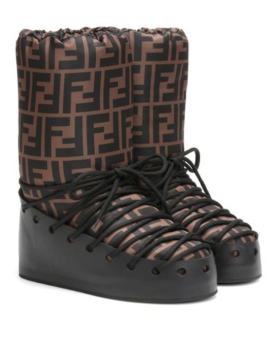 Fendi Ff-print Lace-up Moon Boots - Brown