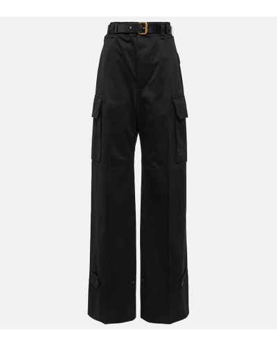 Saint Laurent Leather-trimmed Cotton Wide-leg Pants - Black