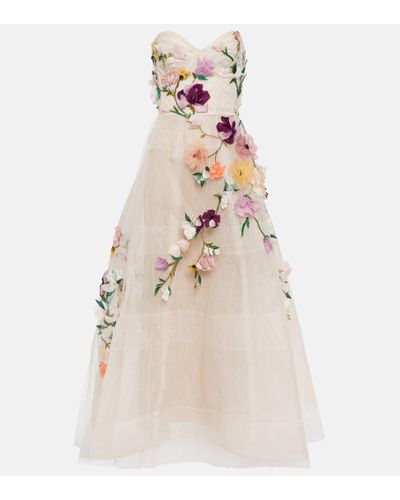 Monique Lhuillier Floral Embroidered Tulle Gown - Natural