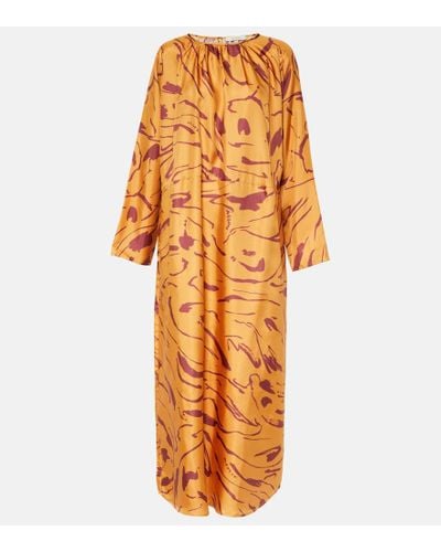 Asceno Valencia Printed Silk Maxi Dress - Orange