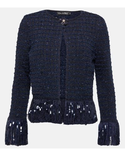 Oscar de la Renta Fringed Tweed Jacket - Blue