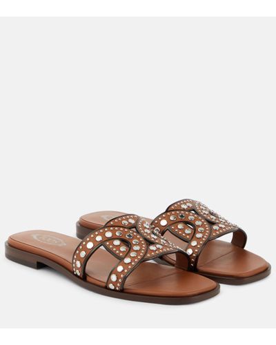 Tod's Embellished Leather Slides - Brown