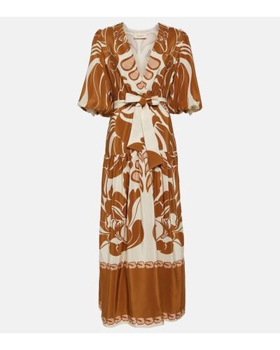 Adriana Degreas Printed Puff-sleeve Silk Maxi Dress - Brown