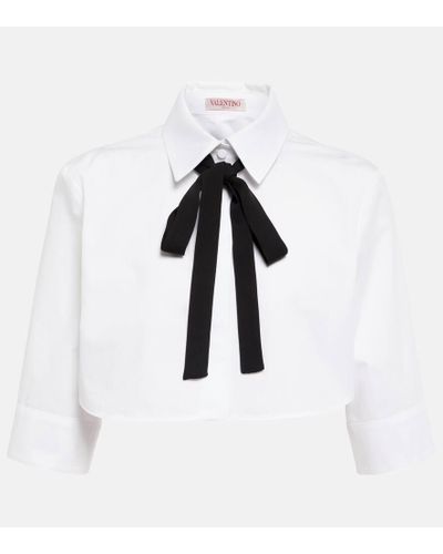 Valentino Tie-neck Cropped Cotton Shirt - White