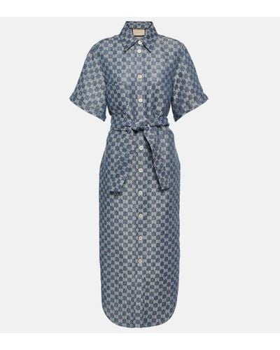 Gucci GG Jacquard Linen Shirt Dress - Blue