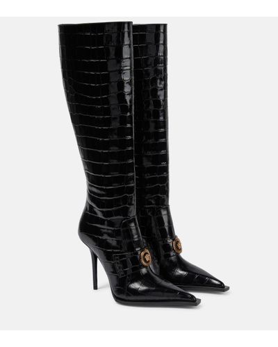 Versace Croc-effect Patent Leather Knee-high Boots - Black