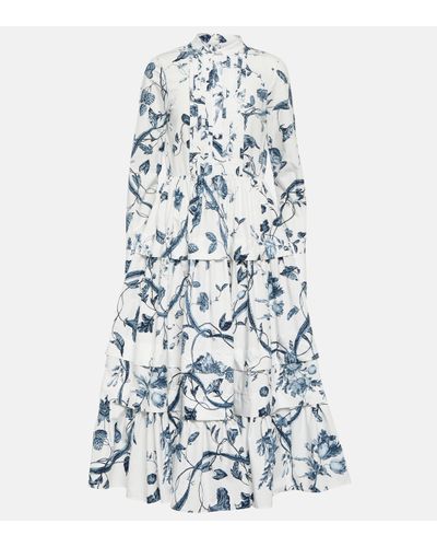 Erdem Robe Midi En Popeline De Coton À Imprimé Fleuri, Volants Et Plis Nervures - Bleu