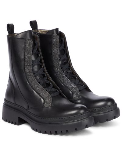Brunello Cucinelli Embellished Leather Combat Boots - Black