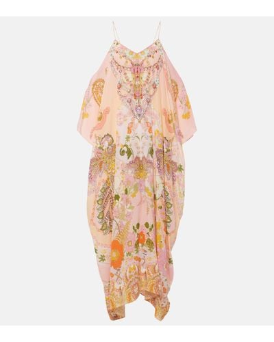 Camilla Printed Embellished Silk Kaftan - Pink