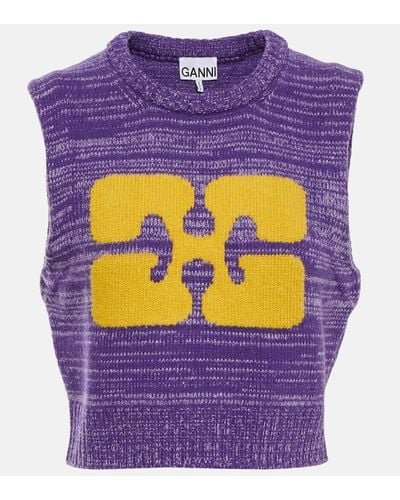 Ganni Logo Cropped Wool-blend Jumper Vest - Purple