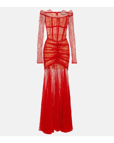 Rasario Strapless Lace Gown - Red