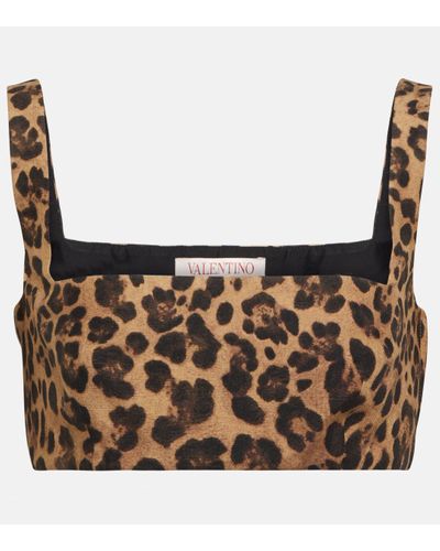 Valentino Top raccourci en Crepe Couture a motif leopard - Marron