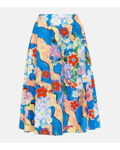 Marni Floral Cotton Poplin Midi Skirt - Blue