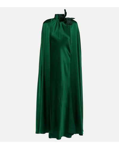 Rodarte Caped Embroidered Silk Satin Maxi Dress - Green