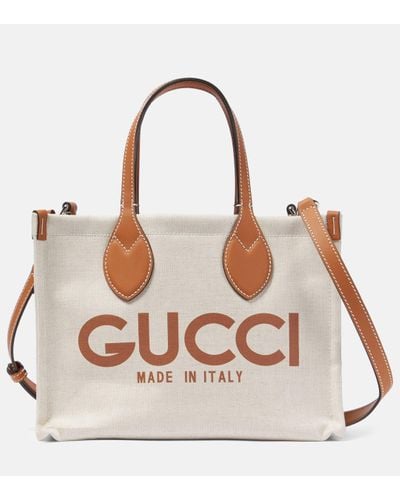 Gucci Logo-print Leather-trim Canvas Tote - Natural