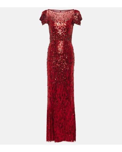 Jenny Packham Abito lungo Sungem con paillettes - Rosso