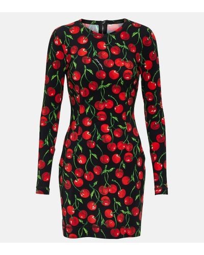 Dolce & Gabbana Vestido corto de manga larga en punto con estampado de cerezas - Rojo