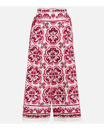 Dolce & Gabbana Maiolica Print Cotton Wide Leg Pants - Red