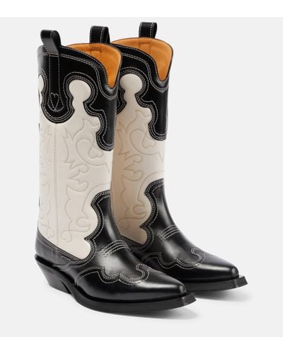 Ganni Mid Shaft Western Leather Boots - Black