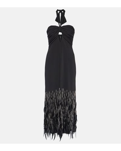 Johanna Ortiz Feather-trimmed Crepe Maxi Dress - Black