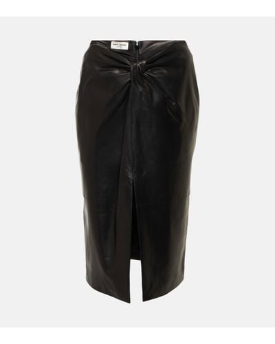 Saint Laurent Gathered Leather Pencil Skirt - Black