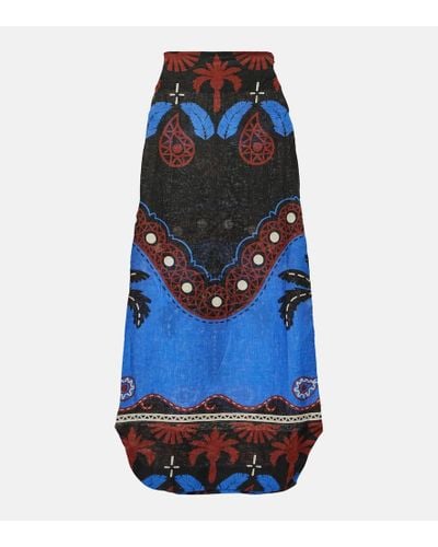 Johanna Ortiz Printed Linen Midi Skirt - Blue
