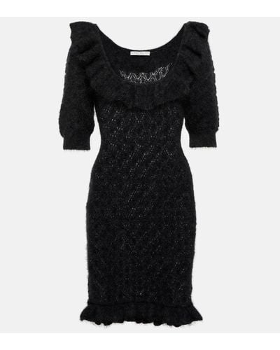 Alessandra Rich Ruffle-trim Pointelle-knit Dress - Black