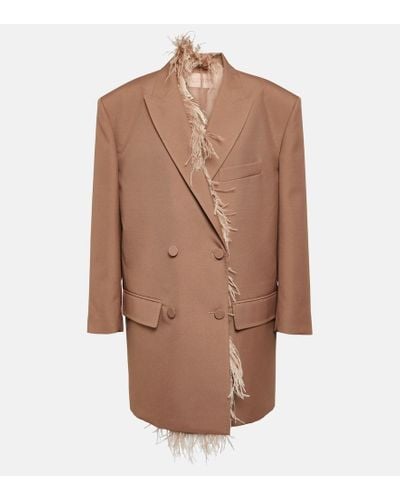 Valentino Feather-trimmed Double-breasted Blazer - Brown