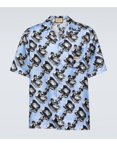 Gucci Horsebit Printed Silk Bowling Shirt - Blue